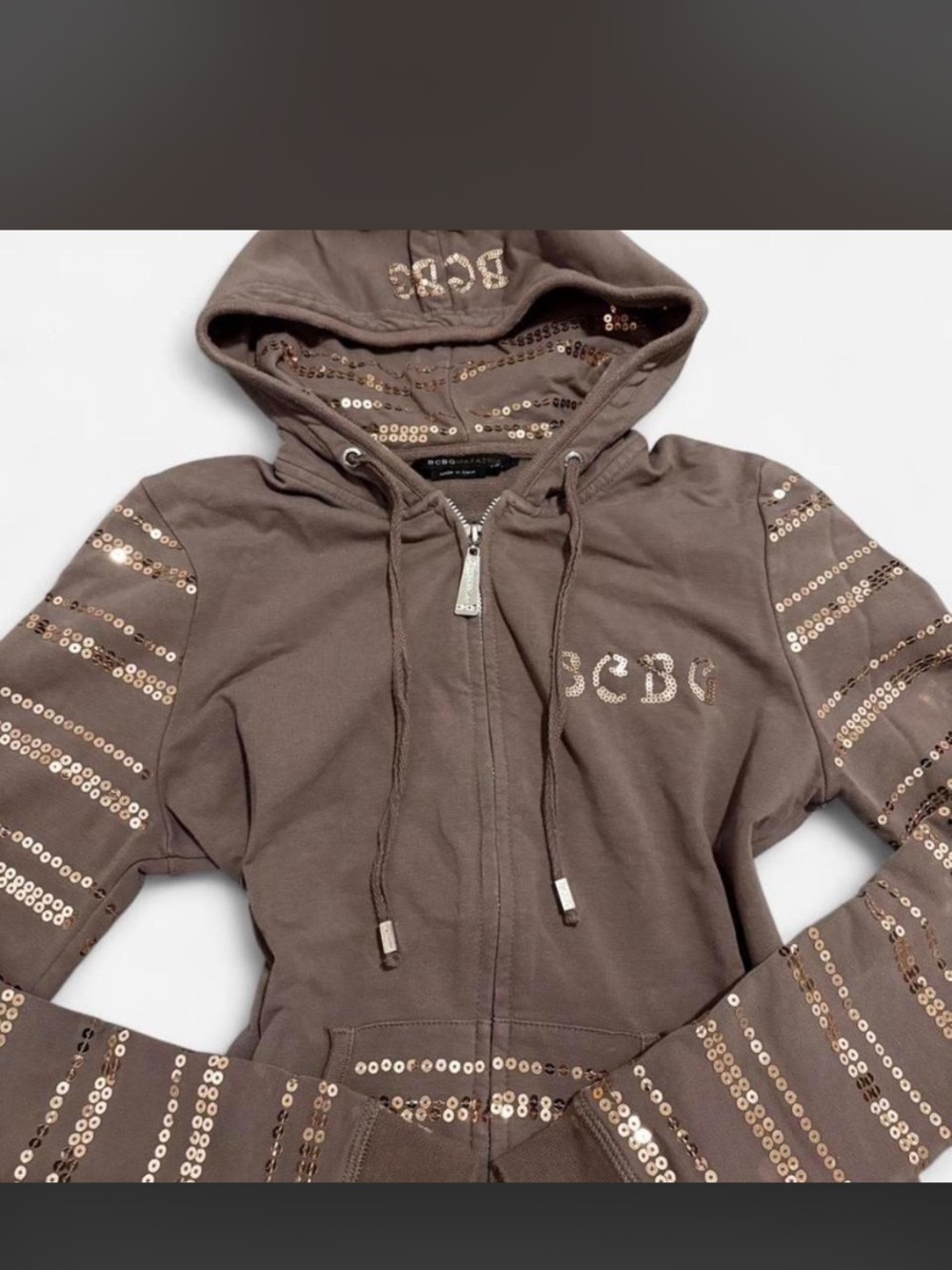 BCBG Brown Sequin-Embellished Zip Hoodie - Picture 2 of 5